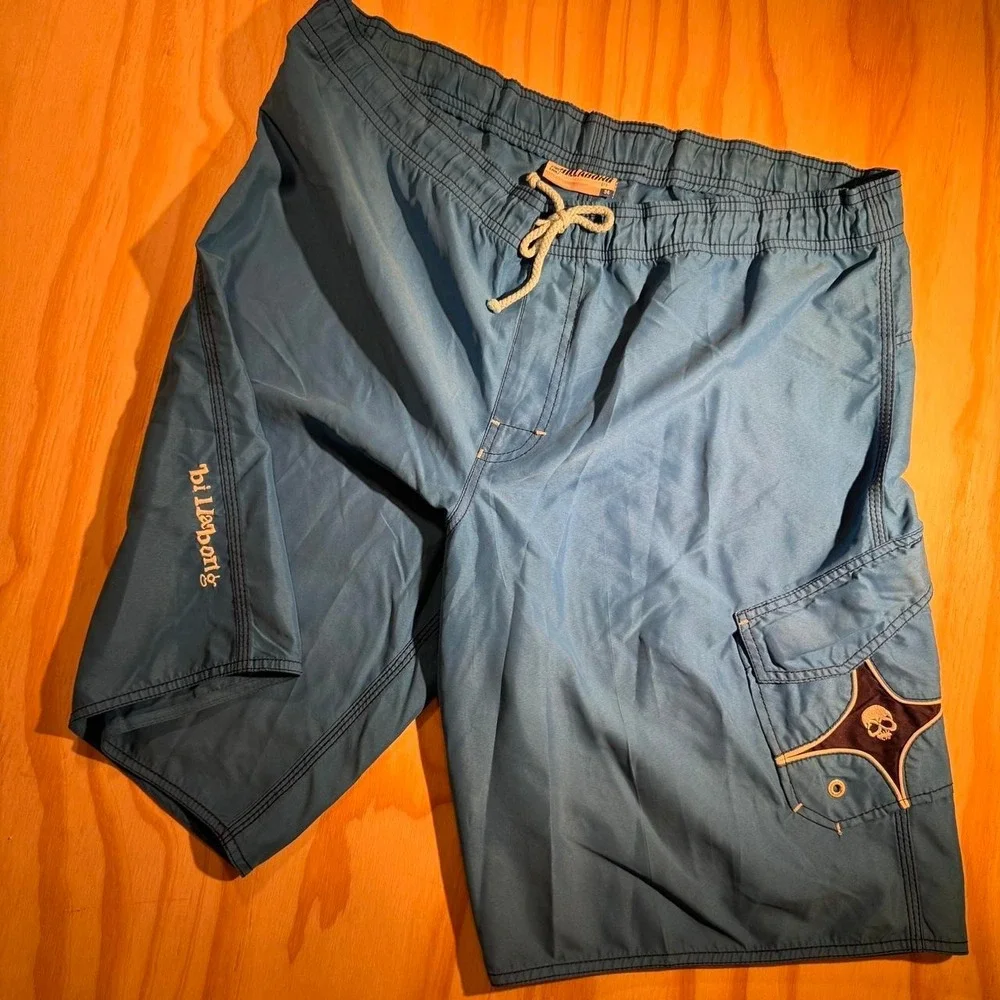 Billabong Vintage 90s Y2K Blue Skull Crossbones Swim Board Shorts Mens 34